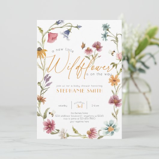 ガールウォーター色ワイルドフラワーベビーシャワー招待状 招待状 (スタンド正面)