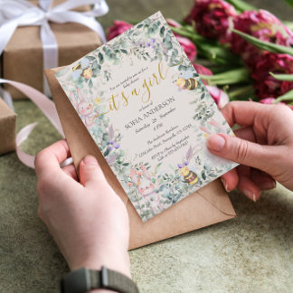 ガールウッドランドかわいい動物ベビーシャワー招待状 招待状