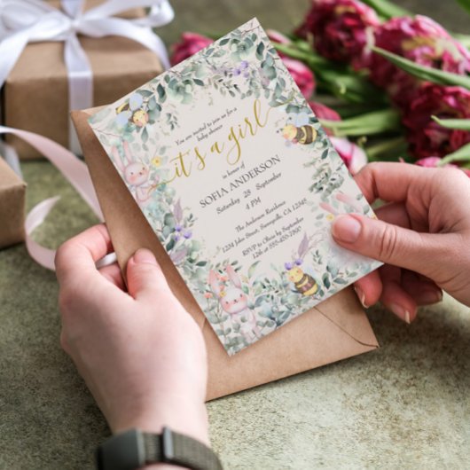 ガールウッドランドかわいい動物ベビーシャワー招待状 招待状