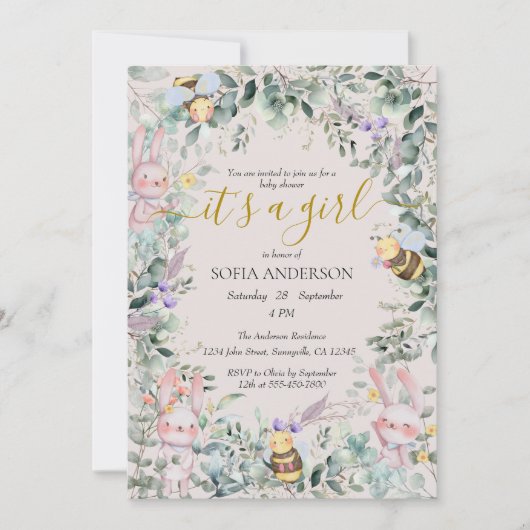 ガールウッドランドかわいい動物ベビーシャワー招待状 招待状 (正面)