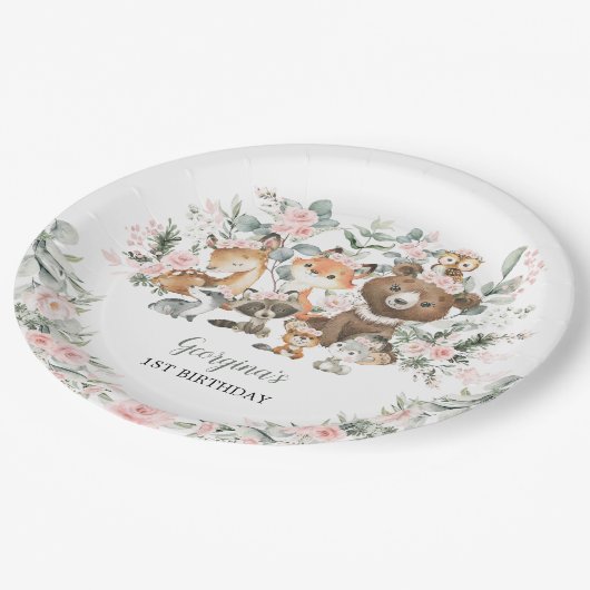 ガールウッドランドアニマルズユーカリバラ誕生日 ペーパープレート (アングル)