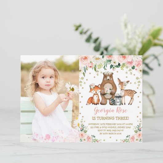 ガールウッドランドアニマルズ誕生日ピーチ赤面フローラ 招待状 (スタンド正面)