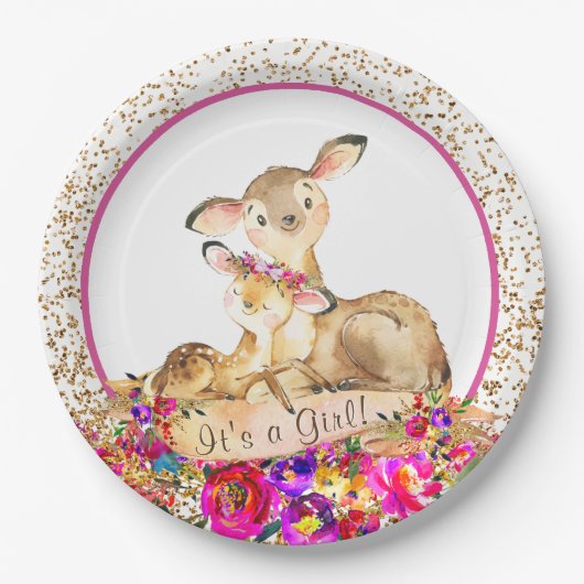 ガールウッドランドディアベビーシャワー紙プレート ペーパープレート (正面)