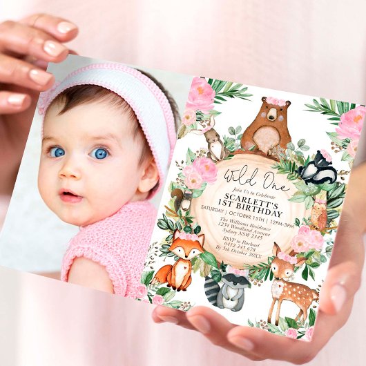 ガールウッドランドフォレストピンクフローラワイルドワン誕生日 招待状