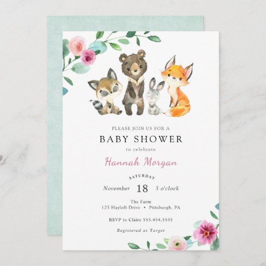ガールウッドランドフォレスト動物ベビーシャワー招待状 招待状 (正面/裏面)