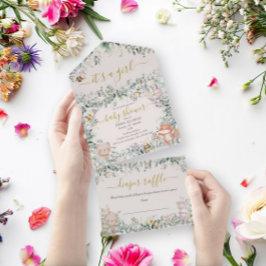 ガールウッドランド動物の水の色ボホベビーシャワー オールインワン招待状