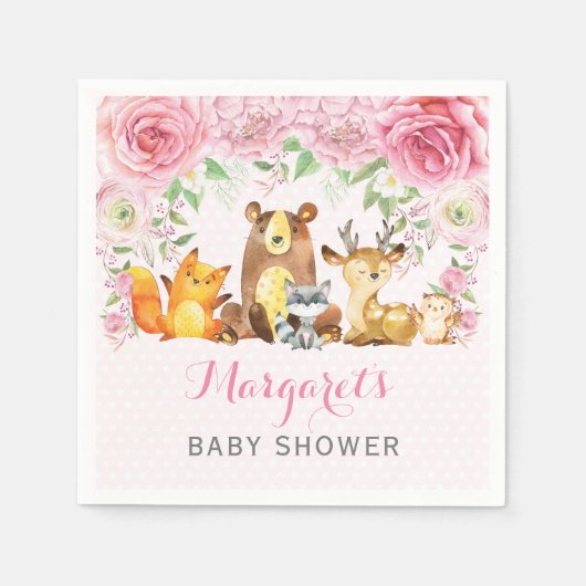 ガールウッドランド動物ピンクのフローラ赤ちゃんシャワー スタンダードカクテルナプキン (正面)