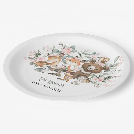 ガールウッドランド動物ユーカリバラ赤ちゃんシャワー ペーパープレート (アングル)