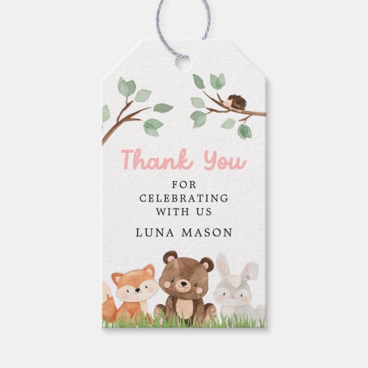 ガールウッドランド赤ちゃんシャワーありがとうメッセージカード ギフトタグ (正面)
