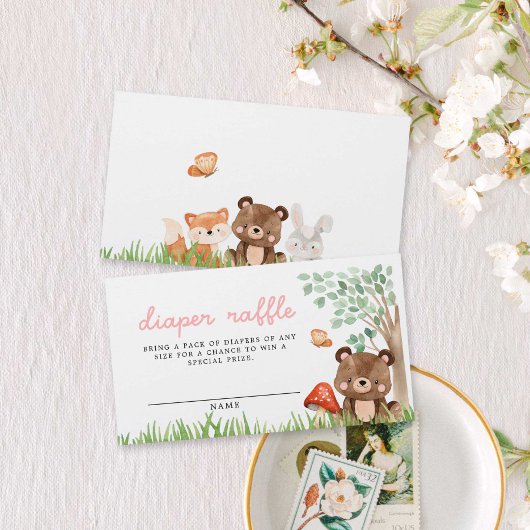 ガールウッドランド赤ちゃんシャワーおむつラッフル エンクロージャーカード