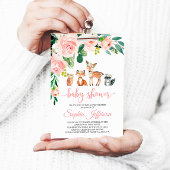 ガールウッドランド赤ちゃんシャワー森林動物ピンクのバラ 招待状