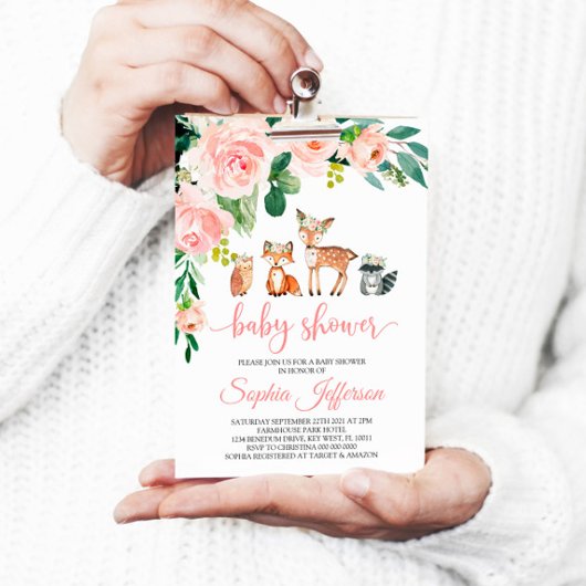 ガールウッドランド赤ちゃんシャワー森林動物ピンクのバラ 招待状