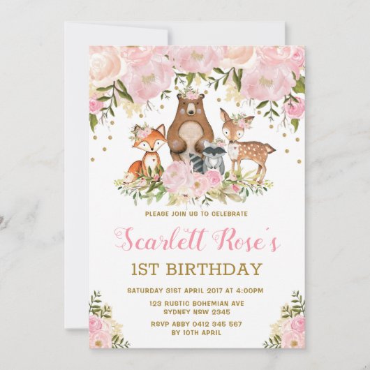 ガールウッドランド1stバースデーピンク金ゴールドフローラパーティー 招待状 (正面)