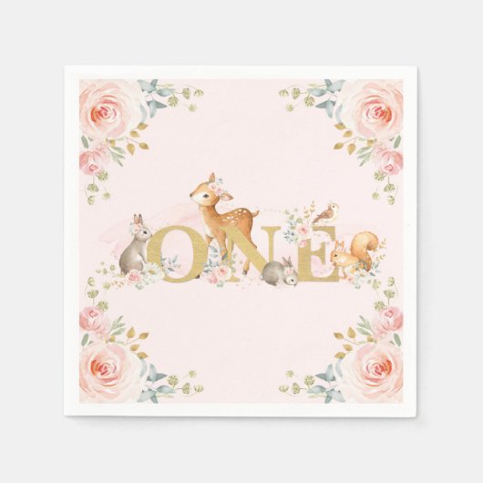 ガールウッドランド1stバースデーピンク金ゴールドフローラ スタンダードカクテルナプキン (正面)
