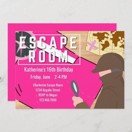ガールエスケープルームパーティースチームパンクミステリー誕生日 招待状 (正面/裏面)
