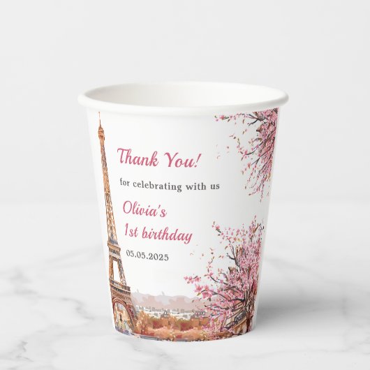 ガールエッフェルタワーパリ1st誕生日 紙コップ (正面)