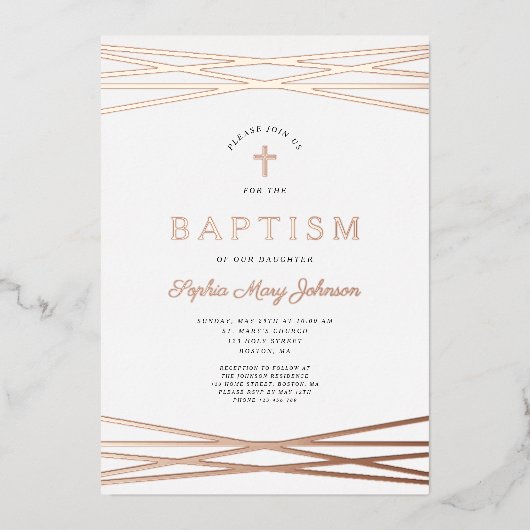 ガールエレガントバプテスマバラ金ゴールド 箔招待状 (正面)