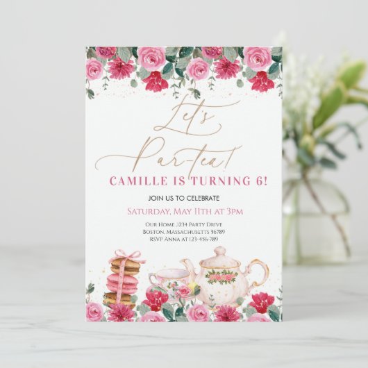 ガールエレガントピンクフローラティーパーティー誕生日 招待状 (スタンド正面)