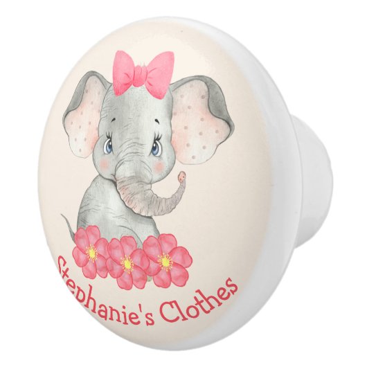 ガールエレファパーソナライズされたント水彩ピンクキッズ セラミックノブ (右)