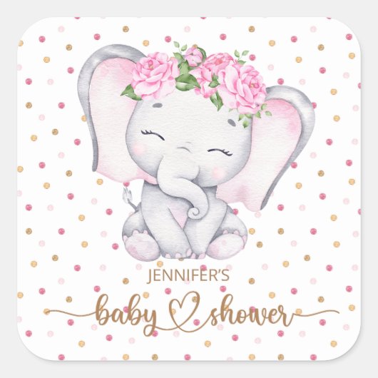 ガールエレファントウォーター色ベビーシャワー スクエアシール (正面)