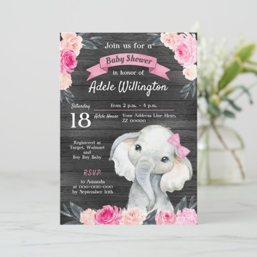 ガールエレファントウオーターカラーフローラピンクローゼズウッド 招待状 (スタンド正面)