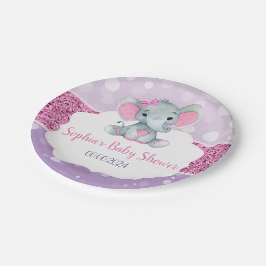 ガールエレファントシャワーピンクパープル紙ナプキンス ペーパープレート (アングル)