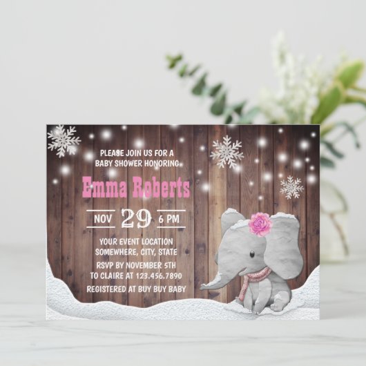 ガールエレファントスノーフライ素朴ズ冬のベビースシャワー 招待状 (スタンド正面)