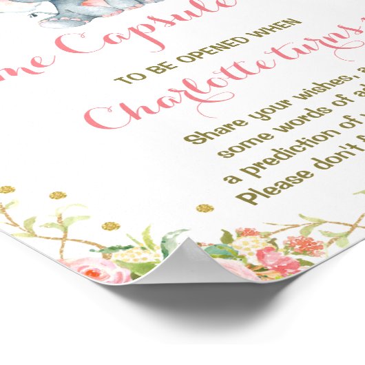 ガールエレファントタイムカプセル最初の誕生日サイン ポスター (角)