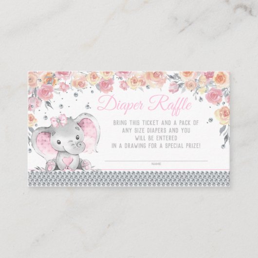 ガールエレファントダイヤモンドおむつラッフルベビーシャワー エンクロージャーカード (正面)