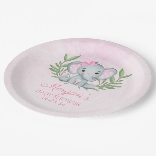 ガールエレファントトロピカルサマーフローラベビーシャワー ペーパープレート (アングル)