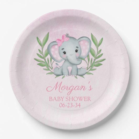 ガールエレファントトロピカルサマーフローラベビーシャワー ペーパープレート (正面)