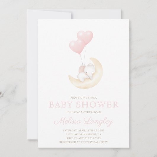 ガールエレファントピンクのバルーンかわいい赤ちゃんシャワー 招待状 (正面)