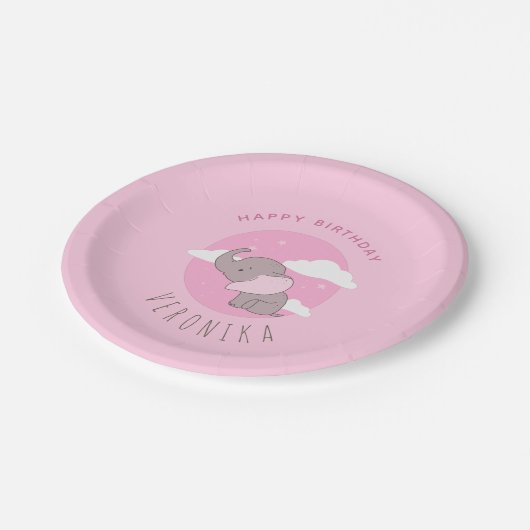 ガールエレファントピンクドリーミー子供の誕生日パーティー ペーパープレート (アングル)