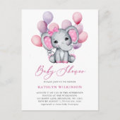 ガールエレファントピンクバルーンスクリプトかわいい赤ちゃんシャワー インビテーションポストカード (正面)