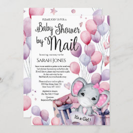 ガールエレファントピンクバルーン赤ちゃんシャワー(郵便) 招待状
