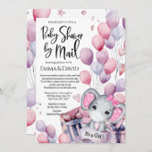 ガールエレファントピンクバルーン赤ちゃんシャワー（郵便） 招待状 (正面/裏面)