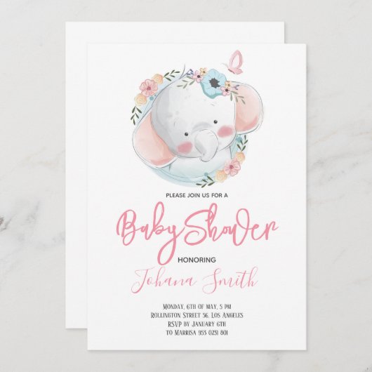 ガールエレファントピンクベビーシャワー招待状 招待状 (正面/裏面)