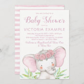 ガールエレファントピンクローズウォーター色ベビーシャワー 招待状 (正面/裏面)