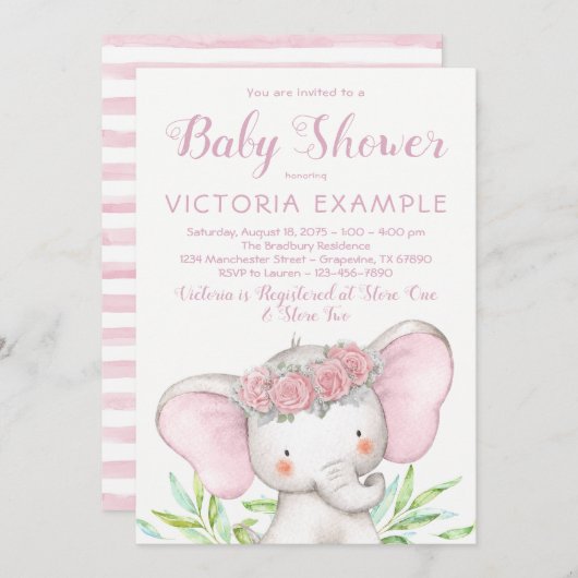 ガールエレファントピンクローズウォーター色ベビーシャワー 招待状 (正面/裏面)