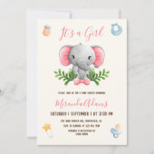 ガールエレファントピンク水彩赤ちゃんシャワー 招待状 (正面)
