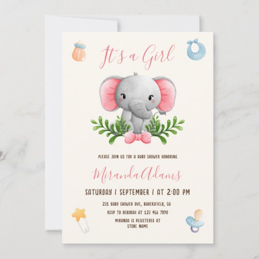ガールエレファントピンク水彩赤ちゃんシャワー 招待状 (正面)