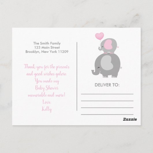 ガールエレファントベビーシャワーありがとうはがき ポストカード (裏面)