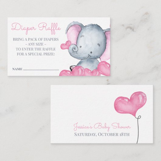 ガールエレファントベビーシャワーおむつラッフル エンクロージャーカード (正面/裏面)