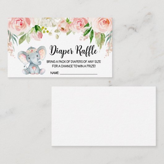 ガールエレファントベビーシャワーおむつラッフル 名刺 (正面/裏面)
