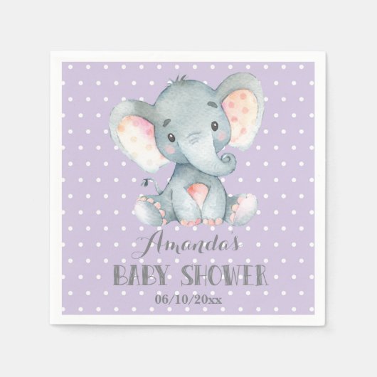 ガールエレファントベビーシャワーパープルとグレーナプキン スタンダードカクテルナプキン (正面)