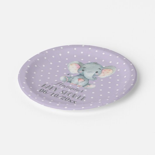 ガールエレファントベビーシャワーパープル紙プレート ペーパープレート (アングル)
