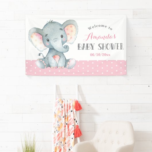 ガールエレファントベビーシャワーピンクとグレー 横断幕 (インサイチュ)