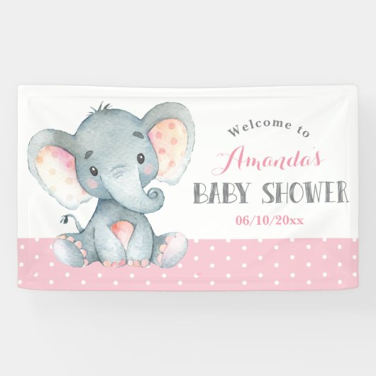 ガールエレファントベビーシャワーピンクとグレー 横断幕 (横)