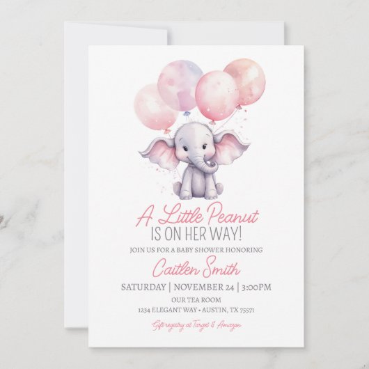 ガールエレファントベビーシャワーピンクグレー水玉模様 招待状 (正面)