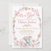 ガールエレファントベビーシャワーフローラ招待状 招待状 (正面)